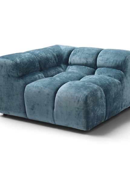 A modern modular corner sofa module upholstered in a textured blue velvet fabric, shown from a three-quarter angle on a white background.