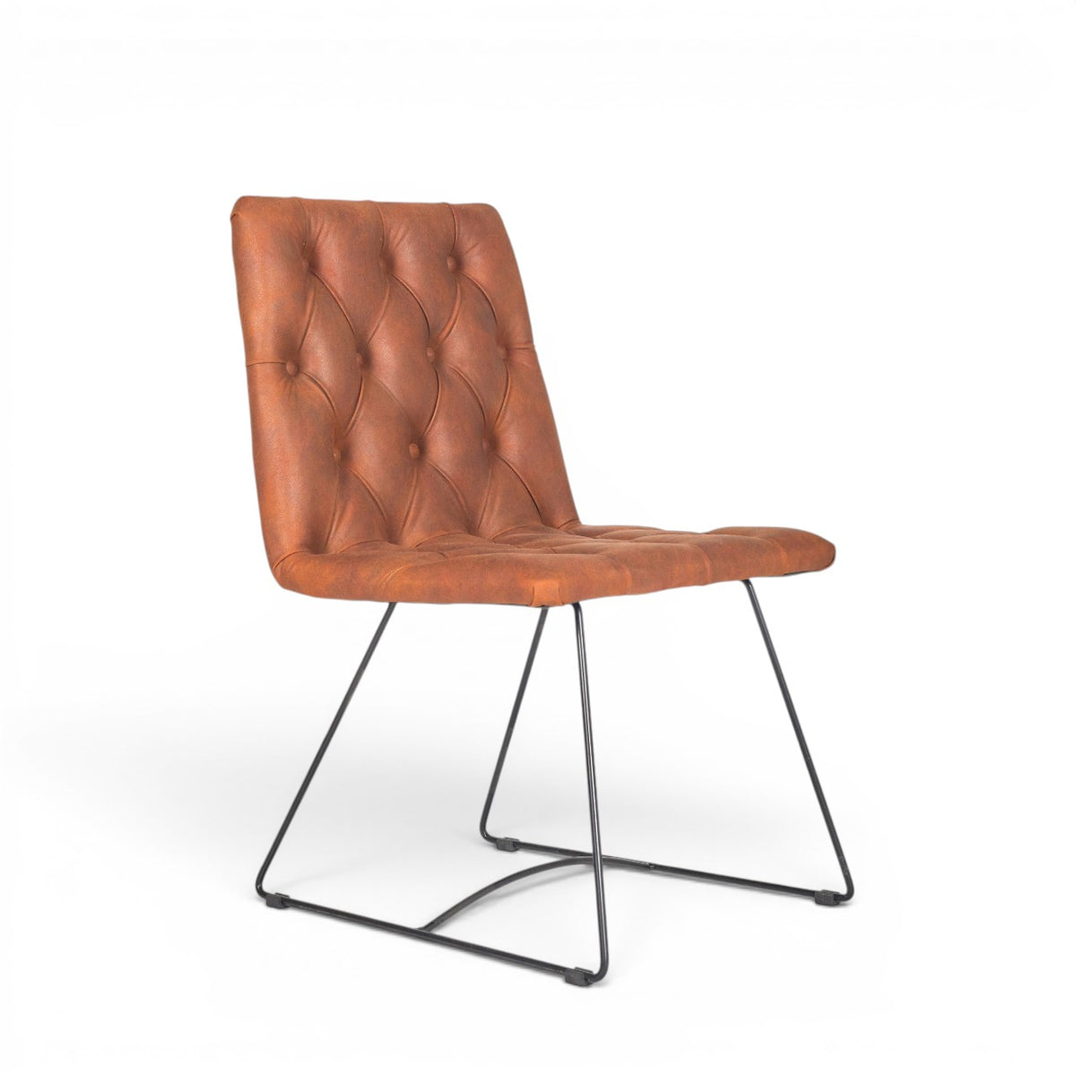 Vaya Home Hudson dining chair with brown faux leather upholstery, button-tufted seat and back, and black metal sled legs.