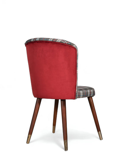 Plaid upholstered chair with rounded backrest, wooden legs, and metallic foot caps

