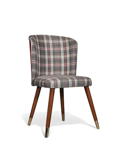 Plaid upholstered chair with rounded backrest, wooden legs, and metallic foot caps
