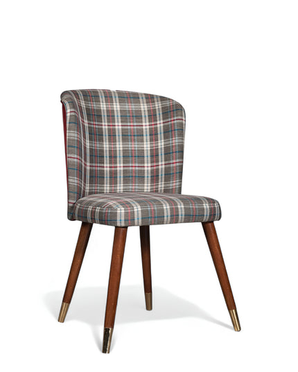 Plaid upholstered chair with rounded backrest, wooden legs, and metallic foot caps
