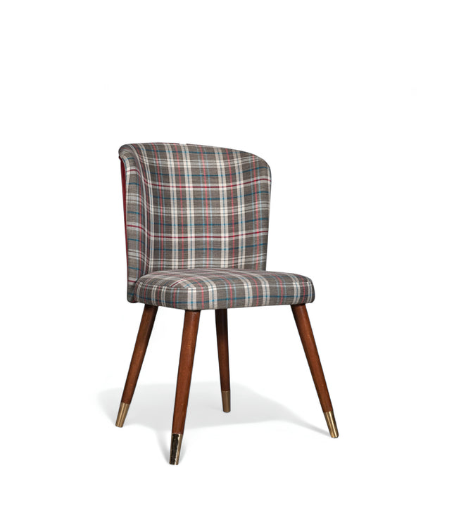 Plaid upholstered chair with rounded backrest, wooden legs, and metallic foot caps
