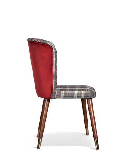 Plaid upholstered chair with rounded backrest, wooden legs, and metallic foot caps

