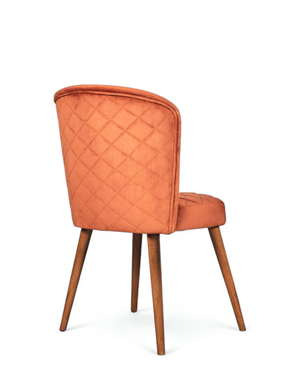 Upholstered orange chair with rounded backrest, wooden legs.