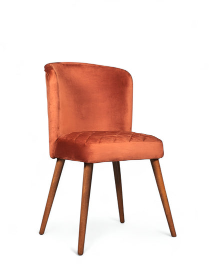 Upholstered orange chair with rounded backrest, wooden legs.