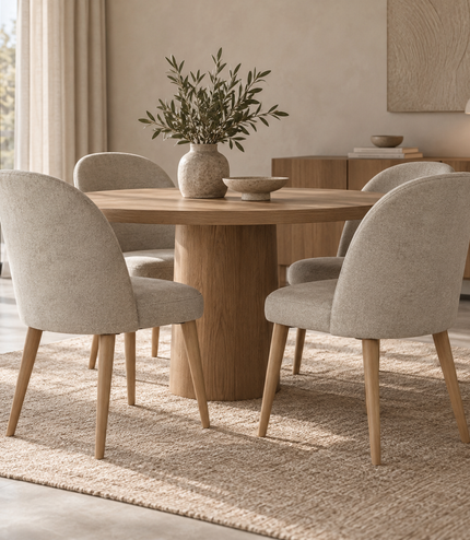 A round wooden dining table with four upholstered dining chairs in a warm, modern dining room setting. The chairs are upholstered in a textured light beige fabric and have light wood legs.