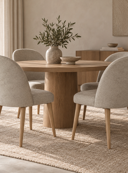 A round wooden dining table with four upholstered dining chairs in a warm, modern dining room setting. The chairs are upholstered in a textured light beige fabric and have light wood legs.