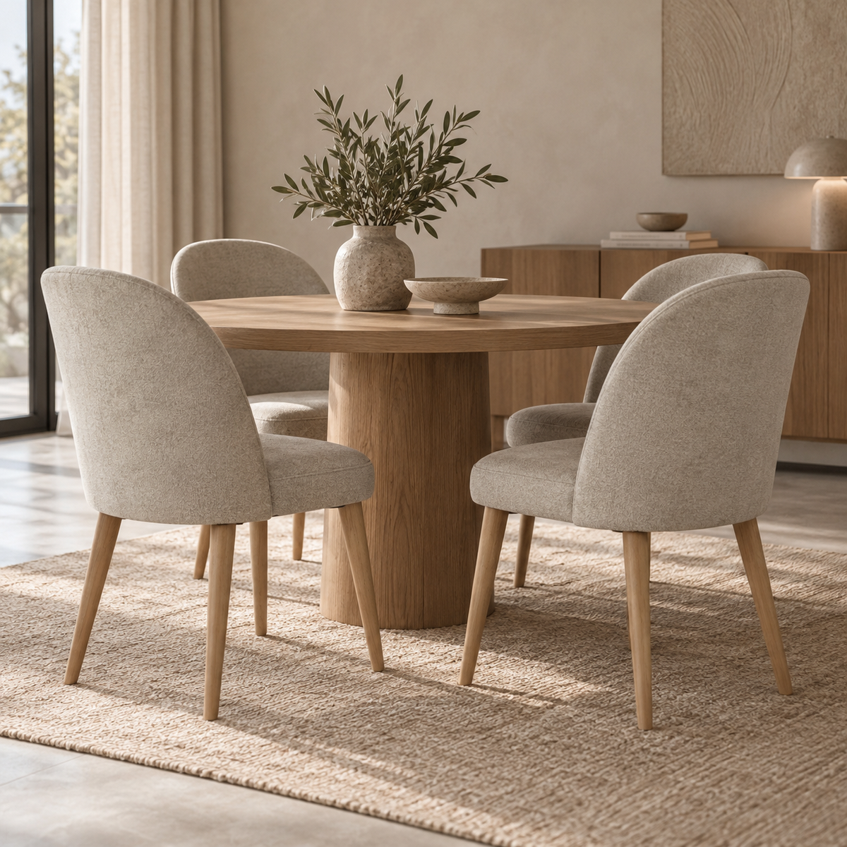 A round wooden dining table with four upholstered dining chairs in a warm, modern dining room setting. The chairs are upholstered in a textured light beige fabric and have light wood legs.