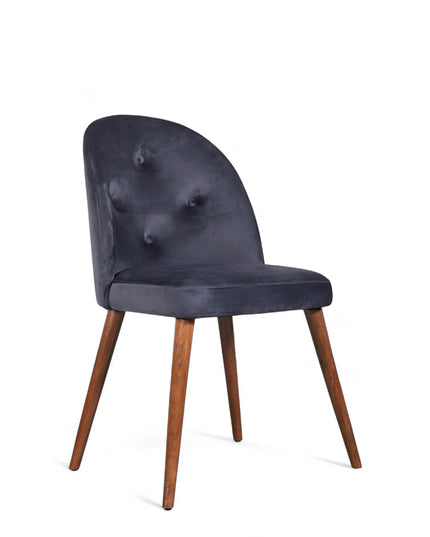 Contemporary dark blue chair with rounded backrest, cushioned seat, and tapered wooden legs