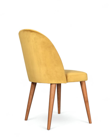 Contemporary yellow chair with rounded backrest, cushioned seat, and tapered wooden legs