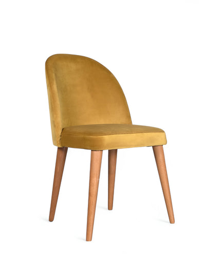 Contemporary yellow chair with rounded backrest, cushioned seat, and tapered wooden legs
