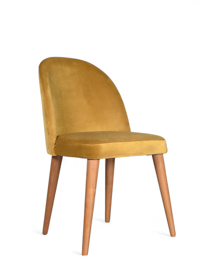 Contemporary yellow chair with rounded backrest, cushioned seat, and tapered wooden legs