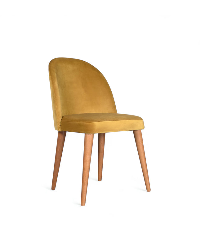 Contemporary yellow chair with rounded backrest, cushioned seat, and tapered wooden legs