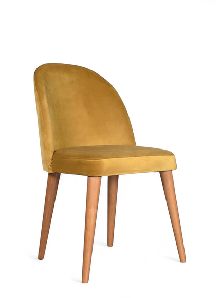 Contemporary yellow chair with rounded backrest, cushioned seat, and tapered wooden legs