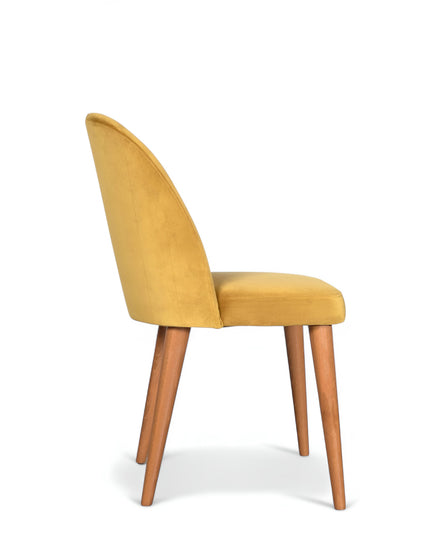 Contemporary yellow chair with rounded backrest, cushioned seat, and tapered wooden legs