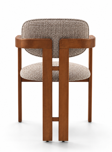 A modern wooden dining chair with a warm medium-brown frame and textured beige bouclé upholstery on the seat and backrest, shown on a clean white background.