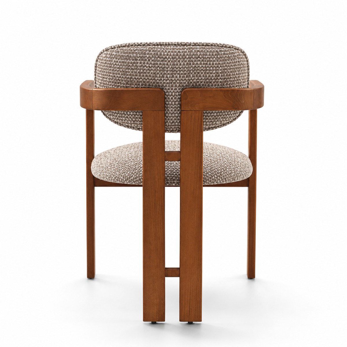 A modern wooden dining chair with a warm medium-brown frame and textured beige bouclé upholstery on the seat and backrest, shown on a clean white background.