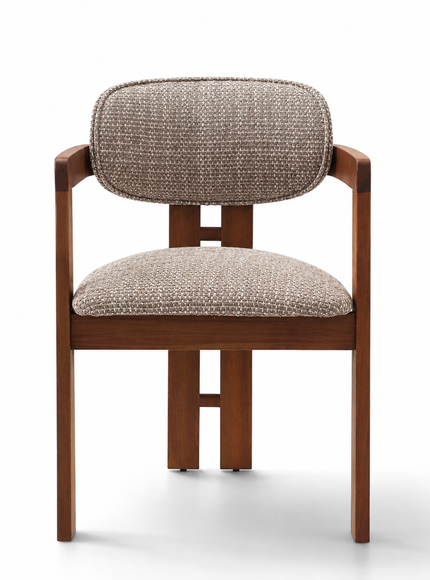 A modern wooden dining chair with a warm medium-brown frame and textured beige bouclé upholstery on the seat and backrest, shown on a clean white background.