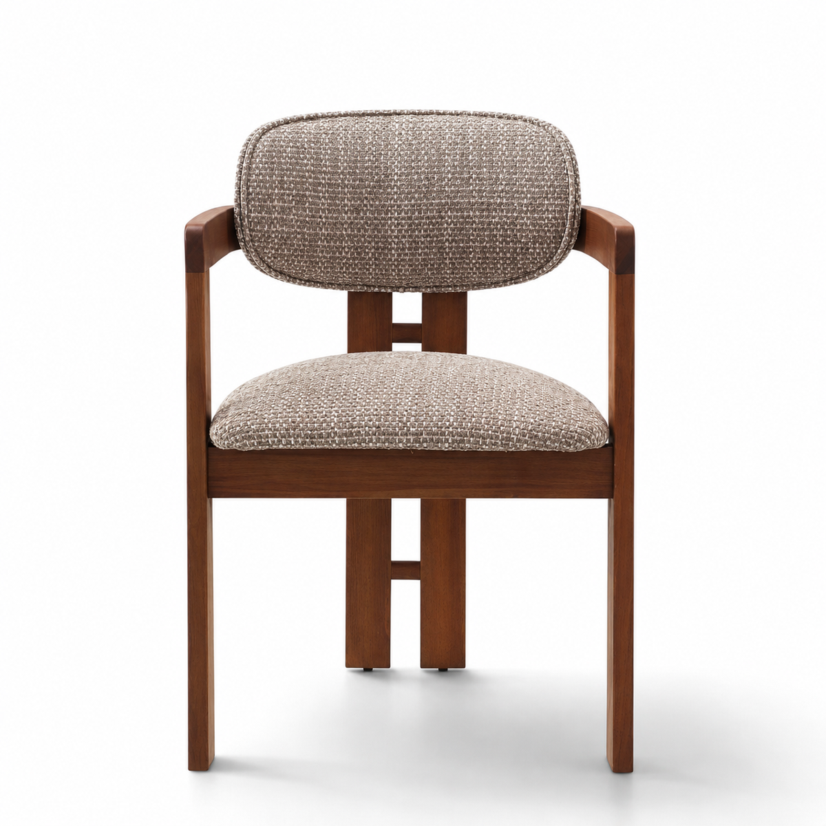 A modern wooden dining chair with a warm medium-brown frame and textured beige bouclé upholstery on the seat and backrest, shown on a clean white background.
