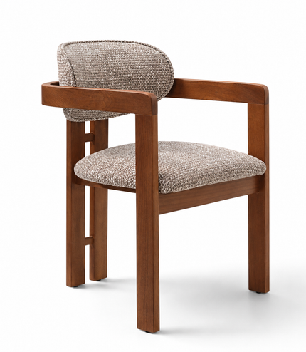 A modern wooden dining chair with a warm medium-brown frame and textured beige bouclé upholstery on the seat and backrest, shown on a clean white background.