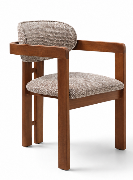 A modern wooden dining chair with a warm medium-brown frame and textured beige bouclé upholstery on the seat and backrest, shown on a clean white background.
