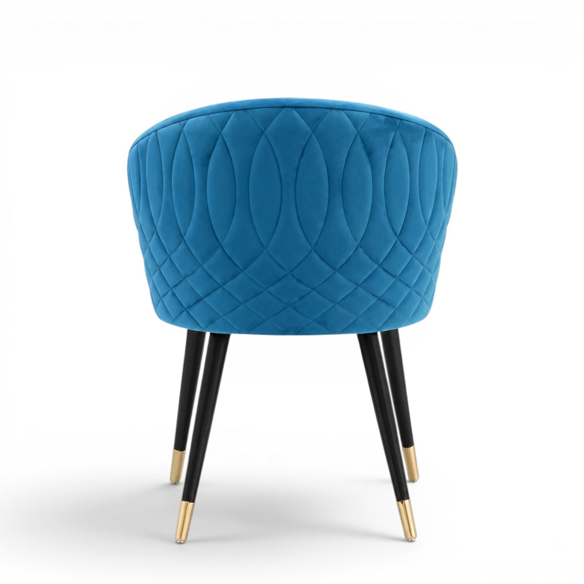 Blue quilted chair with black legs and gold tips on a white background