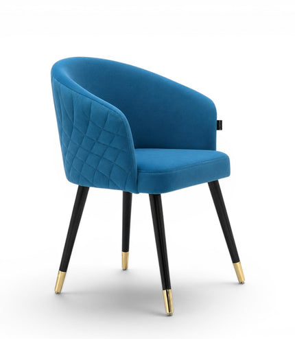 Blue armchair with black legs and gold tips on a white background