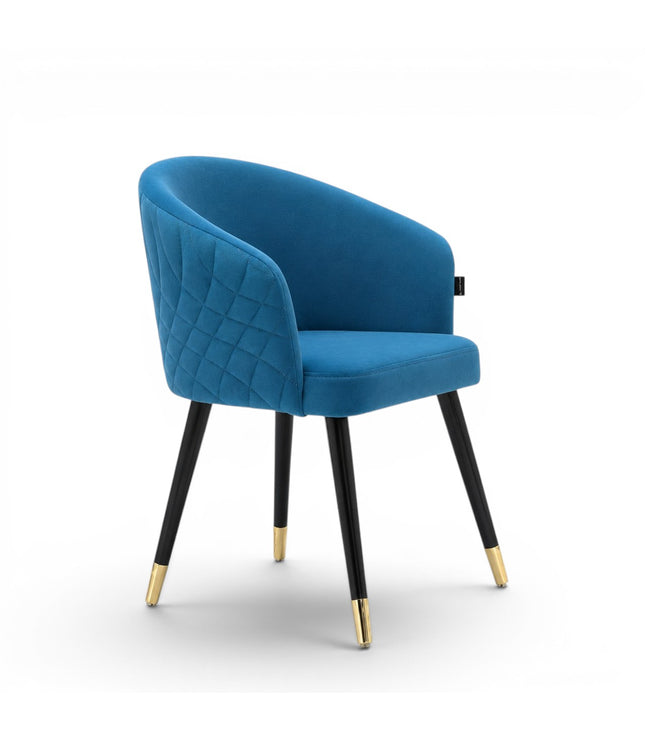 Blue armchair with black legs and gold tips on a white background