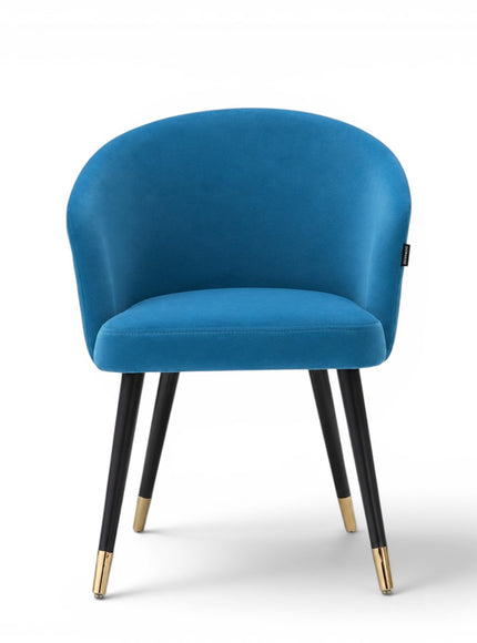 Blue chair with black legs and gold tips on a white background