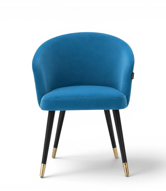 Blue chair with black legs and gold tips on a white background