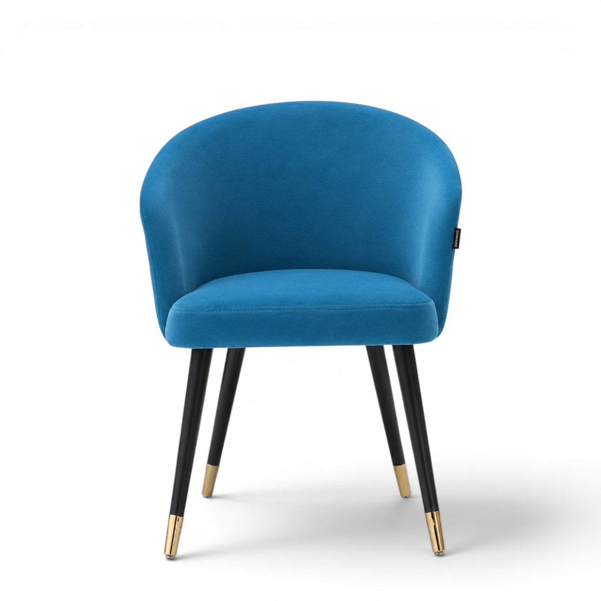 Blue chair with black legs and gold tips on a white background