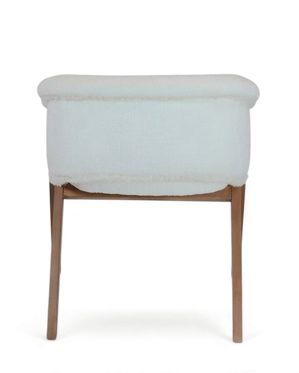 Modern white boucle accent chair with solid wood frame and angular legs — ideal for cozy interiors, Scandinavian spaces, or contemporary dining rooms. 