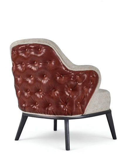 Mattonne Armchair with beige velvet-style front and rich brown button-tufted leather-look back, featuring sculpted curves and black legs; shown from front-angle, side, and back views.