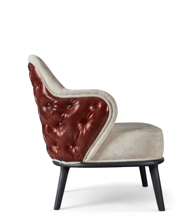 Mattonne Armchair with beige velvet-style front and rich brown button-tufted leather-look back, featuring sculpted curves and black legs; shown from front-angle, side, and back views.