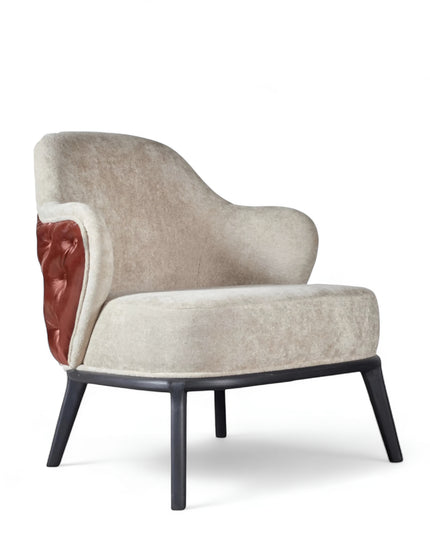 Mattonne Armchair with beige velvet-style front and rich brown button-tufted leather-look back, featuring sculpted curves and black legs; shown from front-angle, side, and back views.
