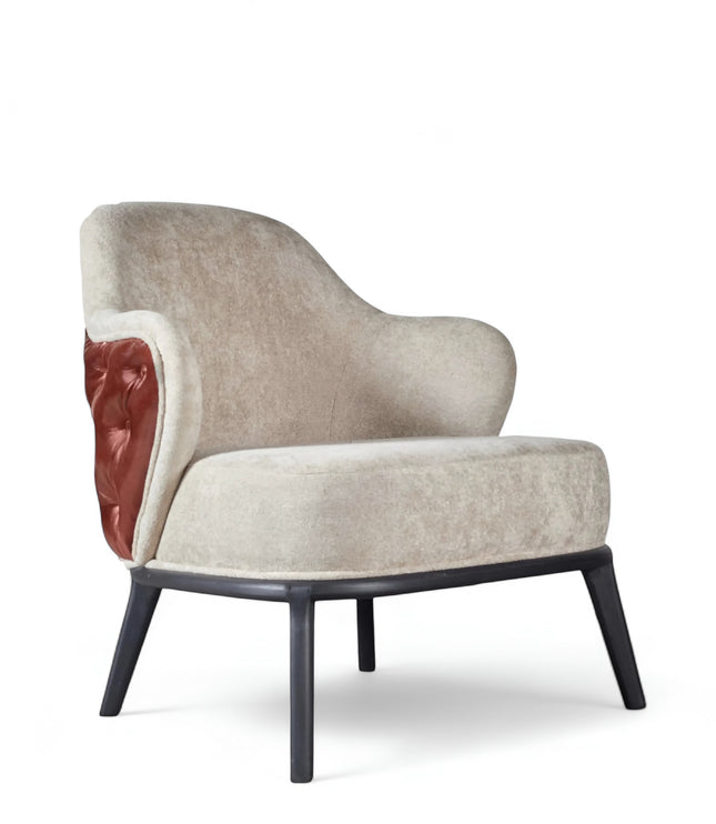 Mattonne Armchair with beige velvet-style front and rich brown button-tufted leather-look back, featuring sculpted curves and black legs; shown from front-angle, side, and back views.