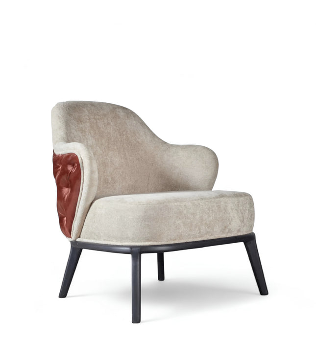 Mattonne Armchair with beige velvet-style front and rich brown button-tufted leather-look back, featuring sculpted curves and black legs; shown from front-angle, side, and back views.