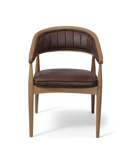 Mid-century modern accent chair with curved oak frame, woven cane side panels, and dark brown faux leather upholstery, ideal for dining rooms or stylish home offices.