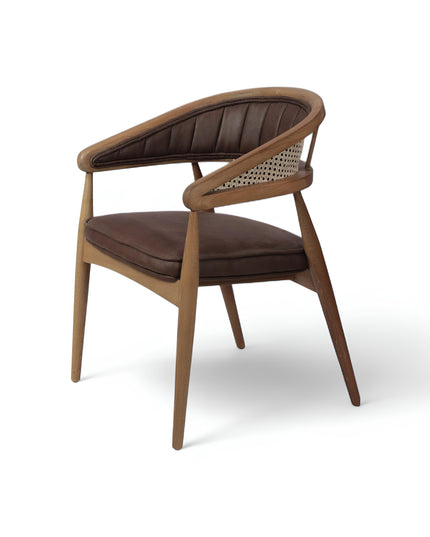 Mid-century modern accent chair with curved oak frame, woven cane side panels, and dark brown faux leather upholstery, ideal for dining rooms or stylish home offices.
