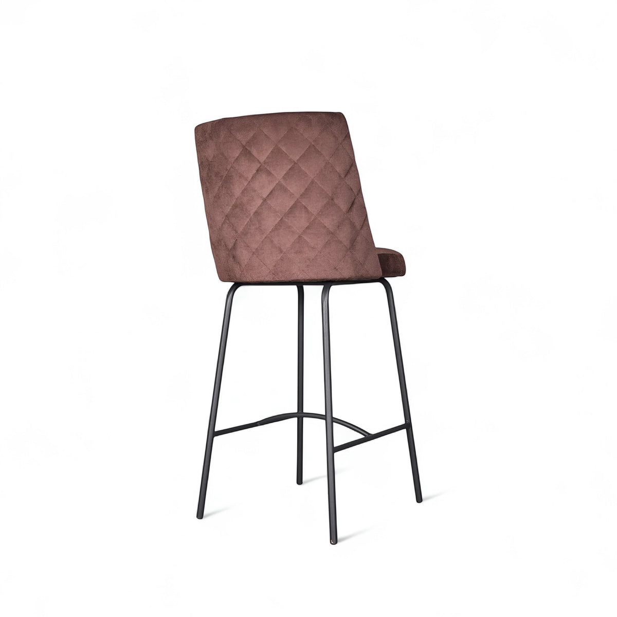 Modern bar stool with brown upholstery, quilted side detailing, and slender black metal legs with a footrest, ideal for kitchen islands or contemporary home bars