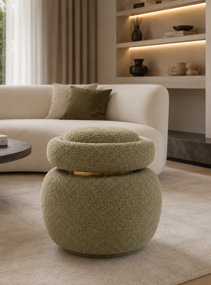 A round, low stool with a textured, bouclé-like fabric in a muted sage green, featuring a gold metallic band around its upper tier. The stool is placed in a modern living room setting on a beige rug in front of a cream-colored sofa.