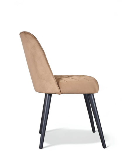 Modern armless beige dining chair with cushioned seat, curved backrest, and black metal legs