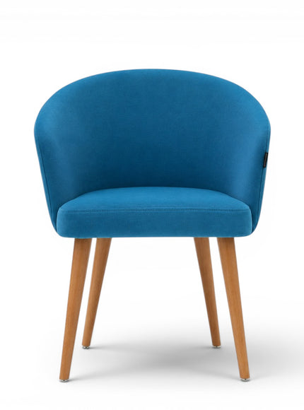 Blue chair with wooden legs on a white background