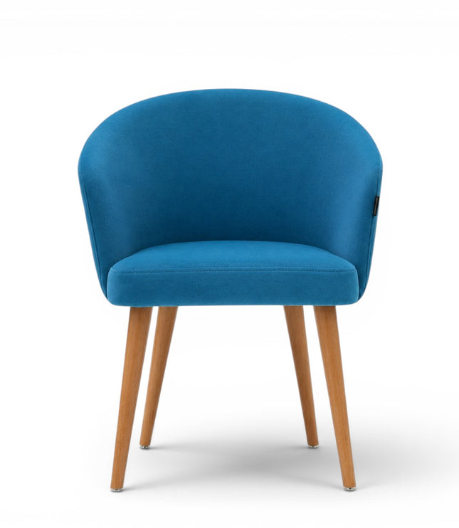 Blue chair with wooden legs on a white background