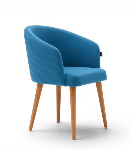 Blue chair with wooden legs on a white background