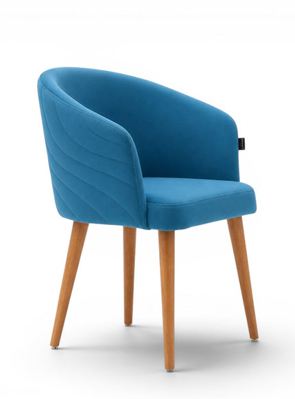 Blue chair with wooden legs on a white background
