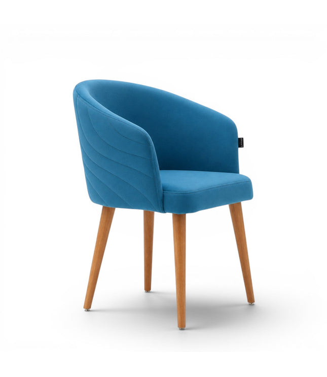 Blue chair with wooden legs on a white background
