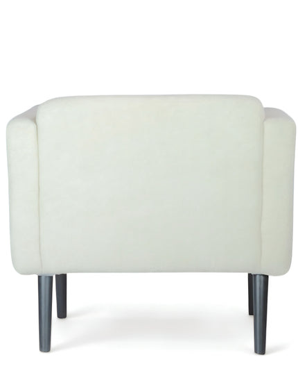 Modern white boucle armchair with black tapered legs and sculpted arms — minimalist accent lounge chair for cozy contemporary living rooms or bedrooms