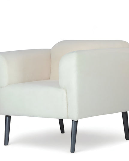 Modern white boucle armchair with black tapered legs and sculpted arms — minimalist accent lounge chair for cozy contemporary living rooms or bedrooms