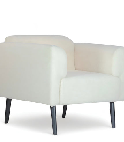 Modern white boucle armchair with black tapered legs and sculpted arms — minimalist accent lounge chair for cozy contemporary living rooms or bedrooms
